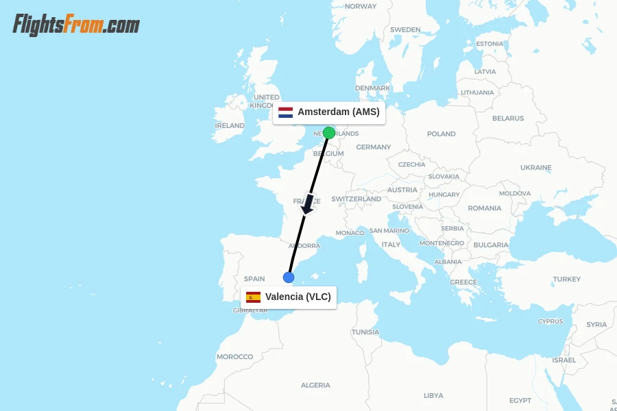 Flights from Amsterdam to Valencia route map