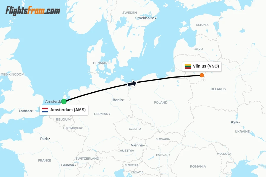 Flights from Amsterdam to Vilnius route map