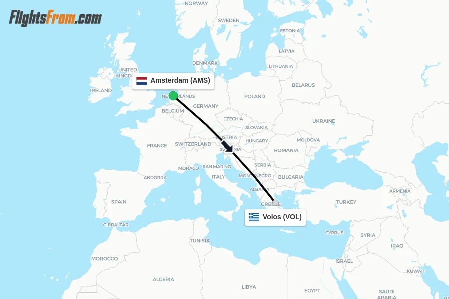 Flights from Amsterdam to Volos route map