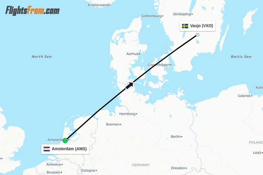 Flights from Amsterdam to Vaxjo route map