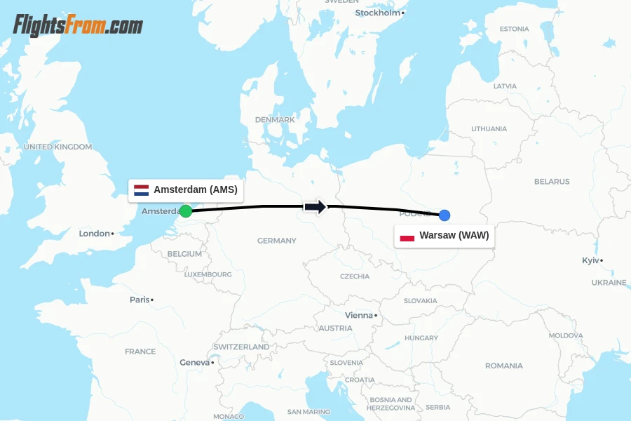 Flights from Amsterdam to Warsaw route map