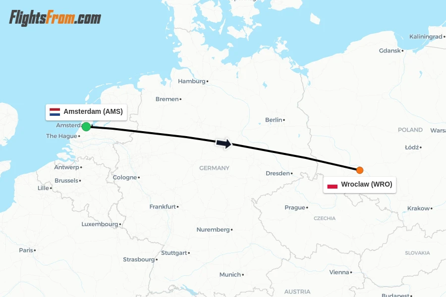 Flights from Amsterdam to Wroclaw route map