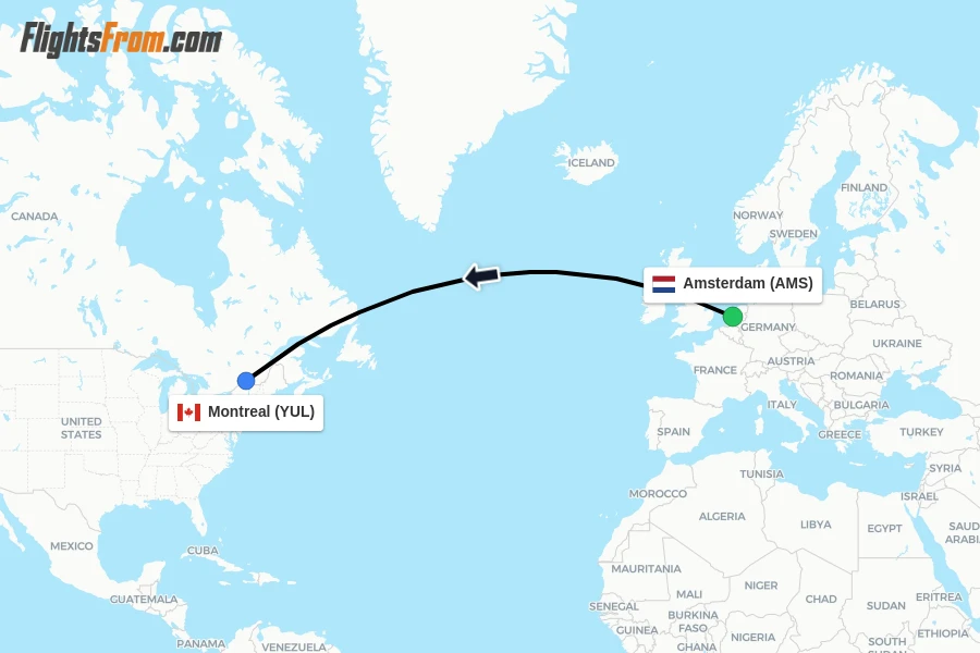 Flights from Amsterdam to Montreal route map