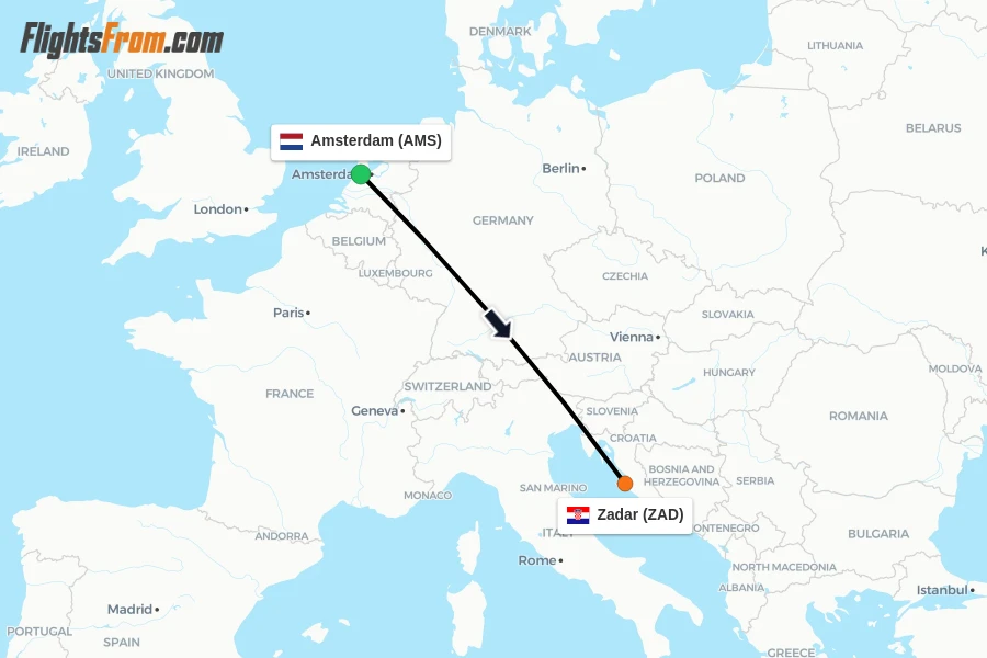 Flights from Amsterdam to Zadar route map