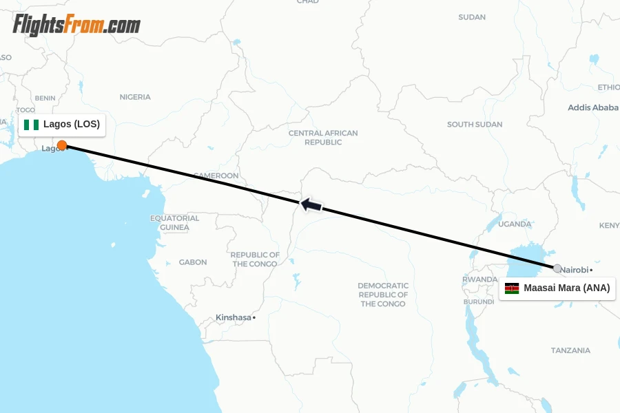 Flights from Maasai Mara to Lagos route map