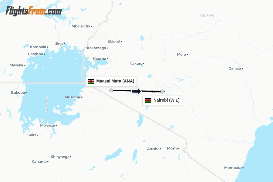 Flights from Maasai Mara to Nairobi route map