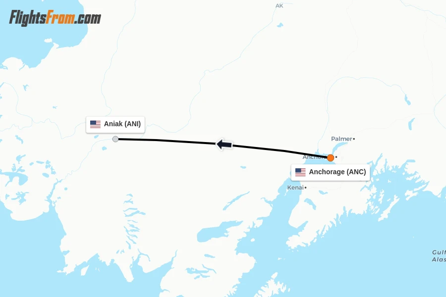 Flights from Anchorage to Aniak route map
