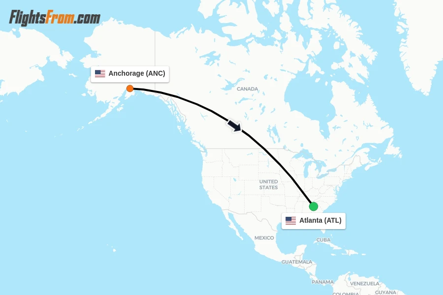Flights from Anchorage to Atlanta route map