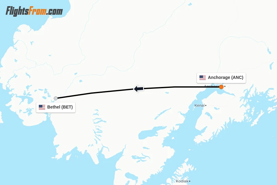 Flights from Anchorage to Bethel route map
