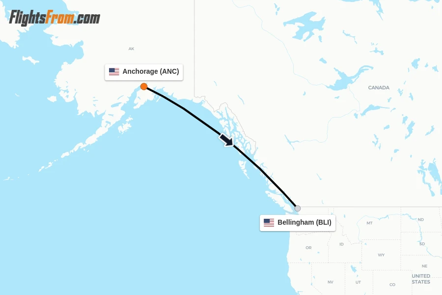 Flights from Anchorage to Bellingham route map