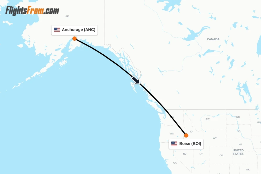 Flights from Anchorage to Boise route map