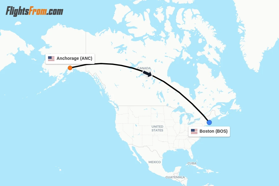 Flights from Anchorage to Boston route map