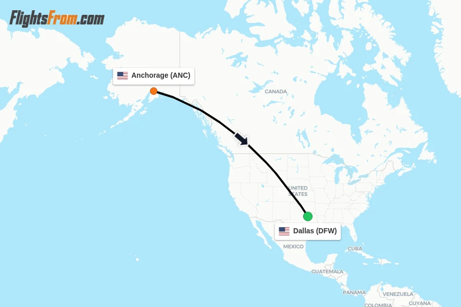 Flights from Anchorage to Dallas route map