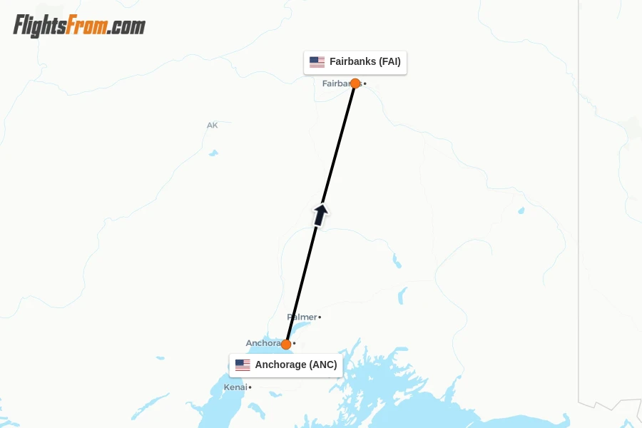 Flights from Anchorage to Fairbanks route map