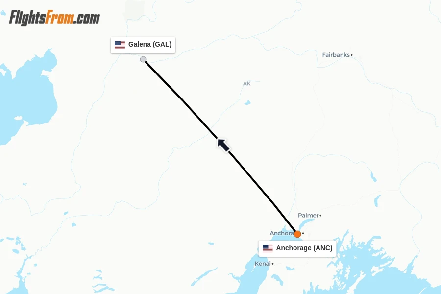 Flights from Anchorage to Galena route map