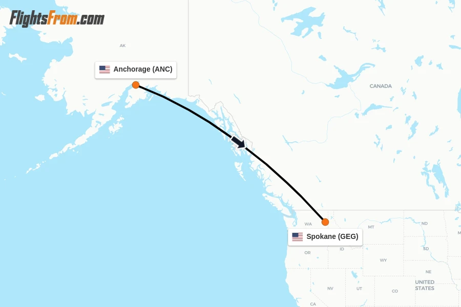 Flights from Anchorage to Spokane route map