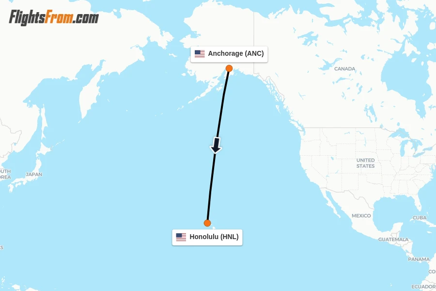 Flights from Anchorage to Honolulu route map