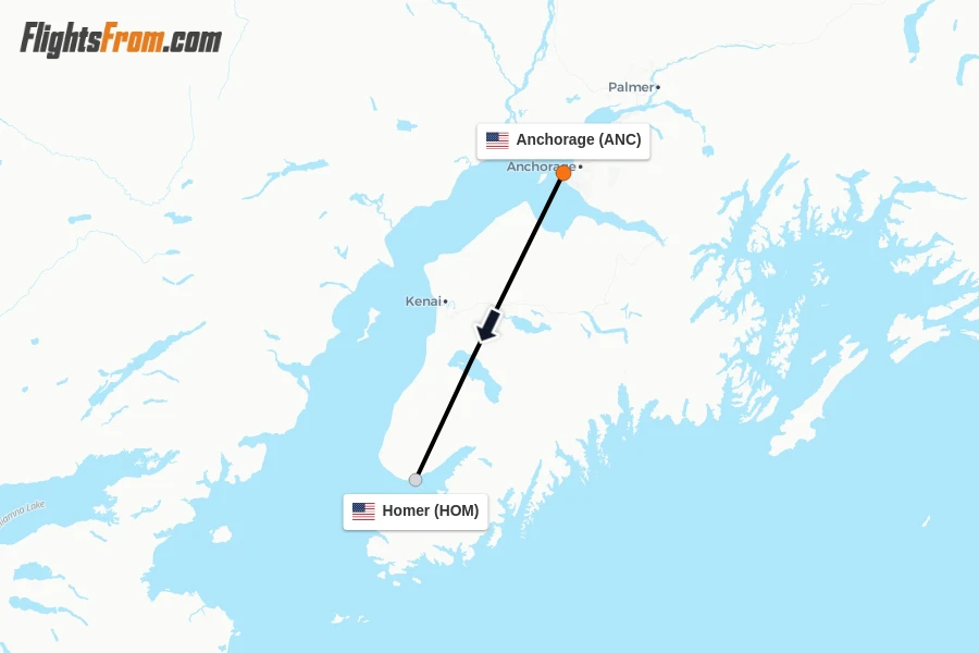 Flights from Anchorage to Homer route map