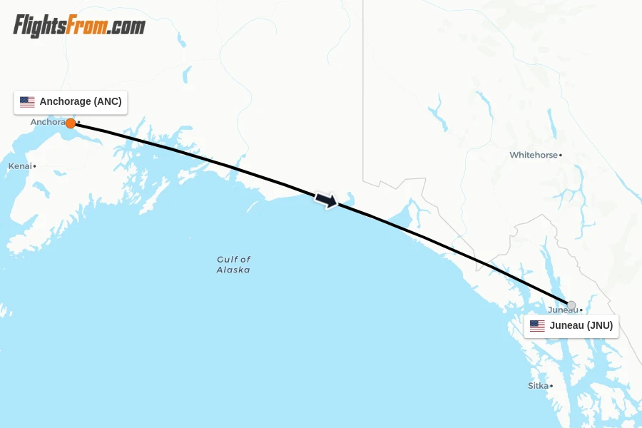 Flights from Anchorage to Juneau route map