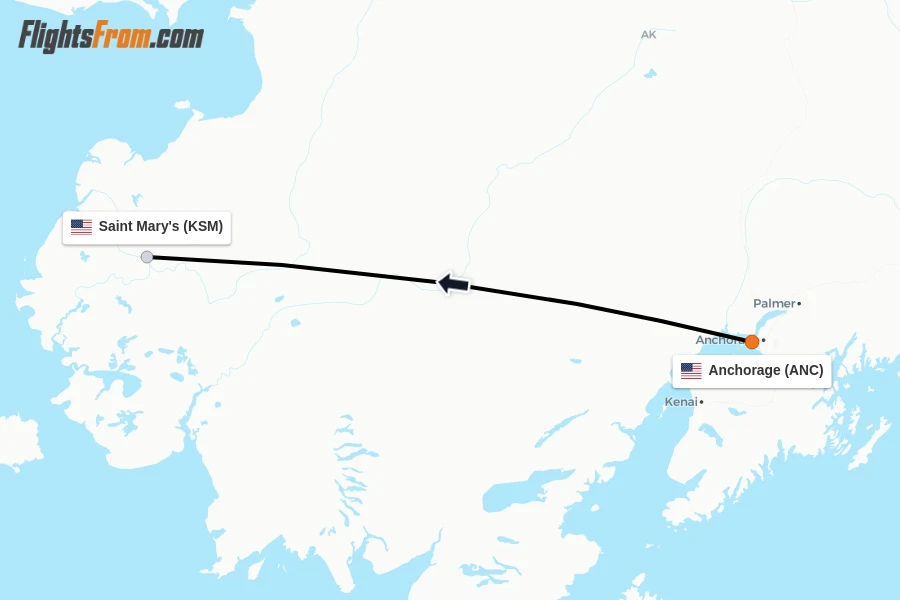Flights from Anchorage to Saint Mary's route map