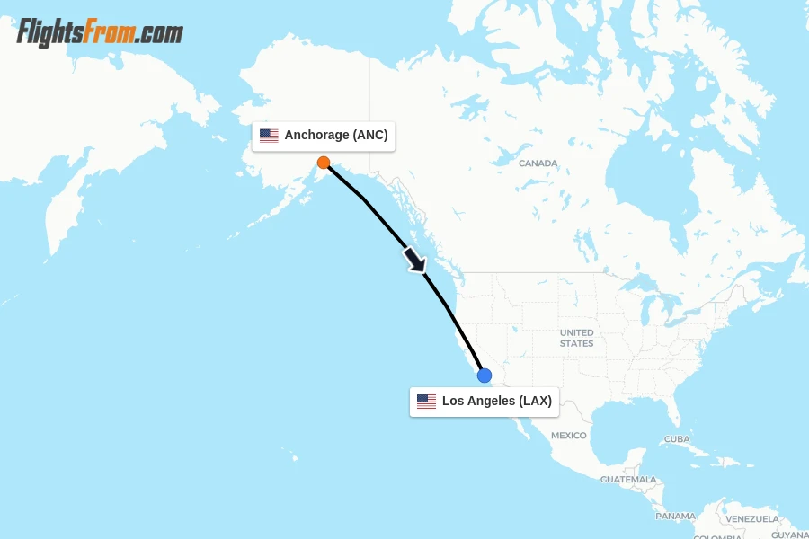 Flights from Anchorage to Los Angeles route map
