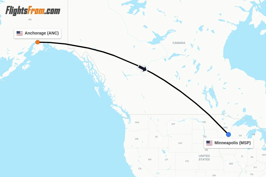 Flights from Anchorage to Minneapolis route map