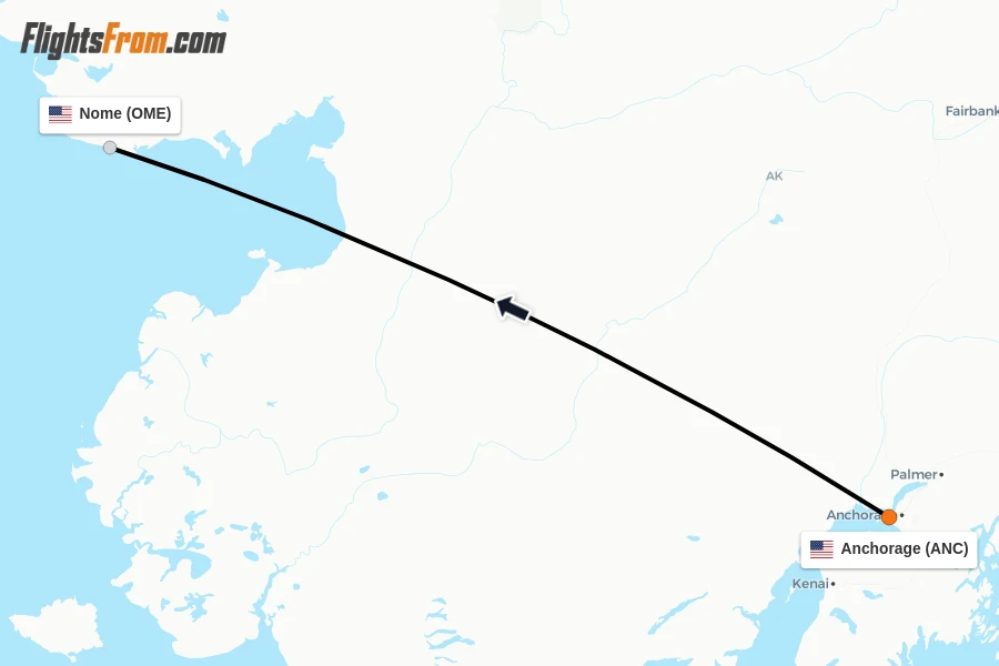 Flights from Anchorage to Nome route map