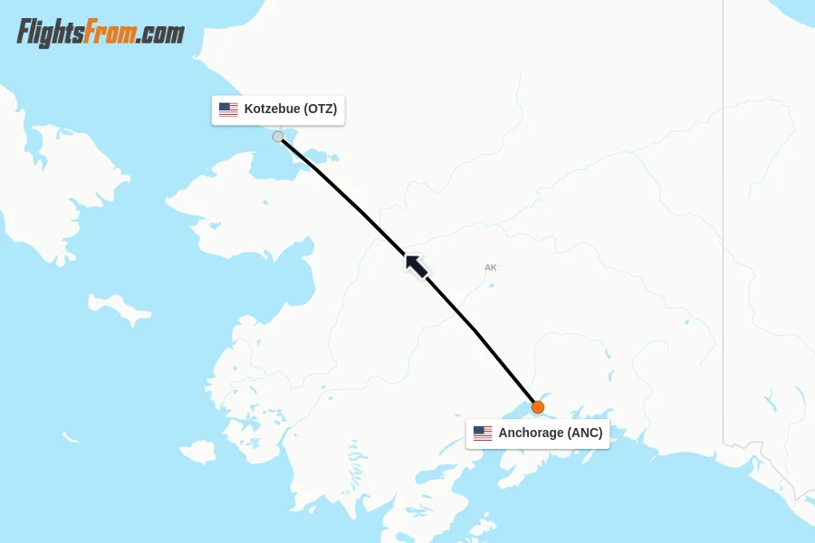 Flights from Anchorage to Kotzebue route map