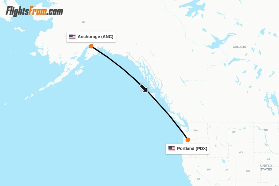 Flights from Anchorage to Portland route map