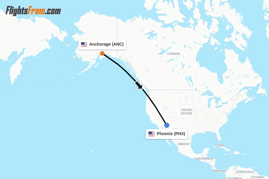 Flights from Anchorage to Phoenix route map