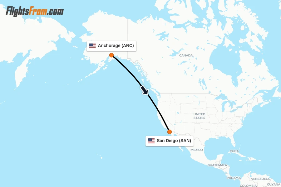 Flights from Anchorage to San Diego route map