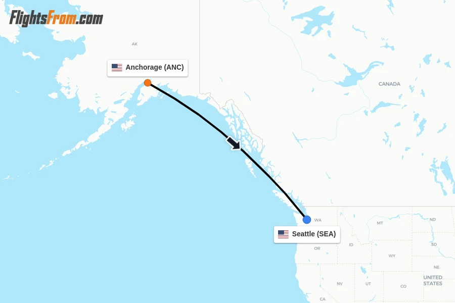 Flights from Anchorage to Seattle route map