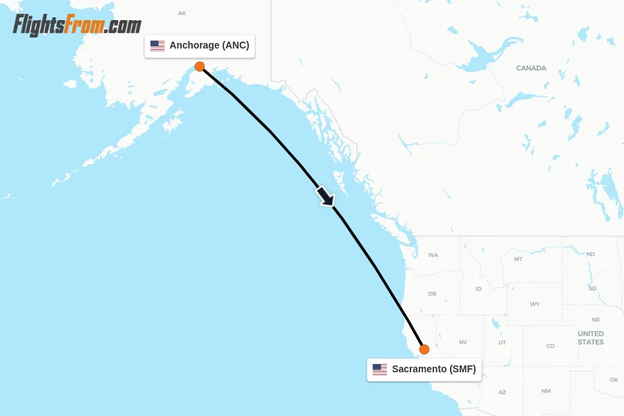 Flights from Anchorage to Sacramento route map