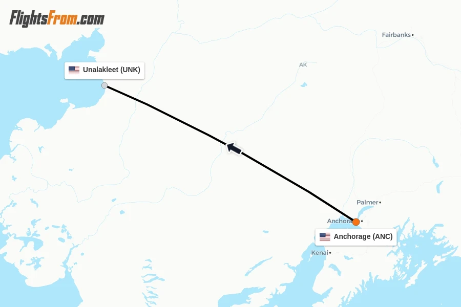 Flights from Anchorage to Unalakleet route map