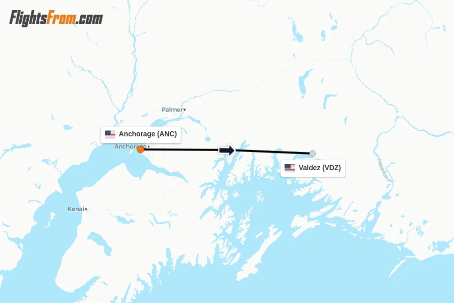 Flights from Anchorage to Valdez route map