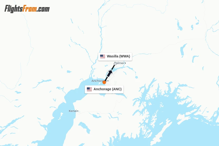 Flights from Anchorage to Wasilla route map