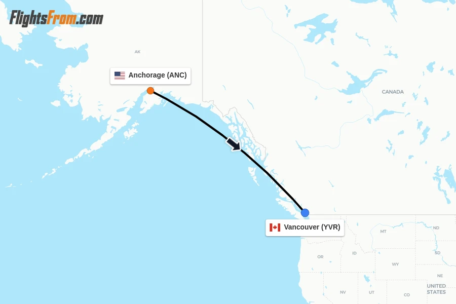 Flights from Anchorage to Vancouver route map
