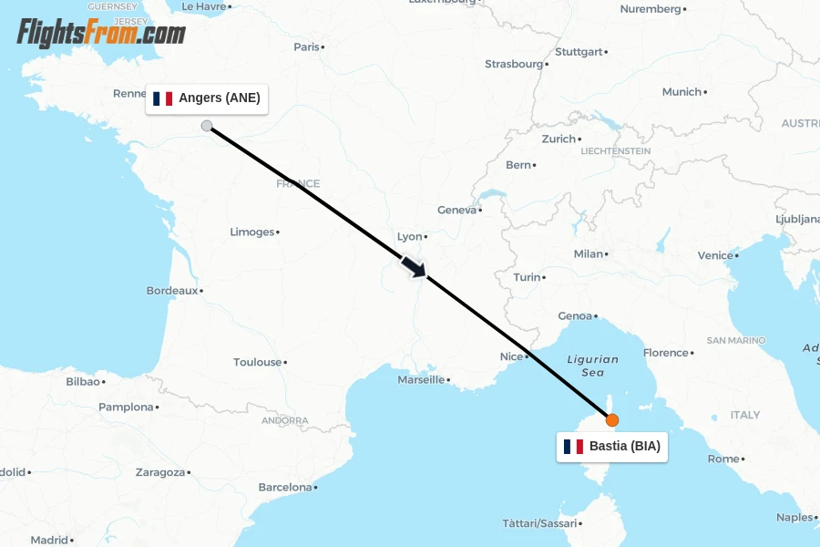 Flights from Angers to Bastia route map