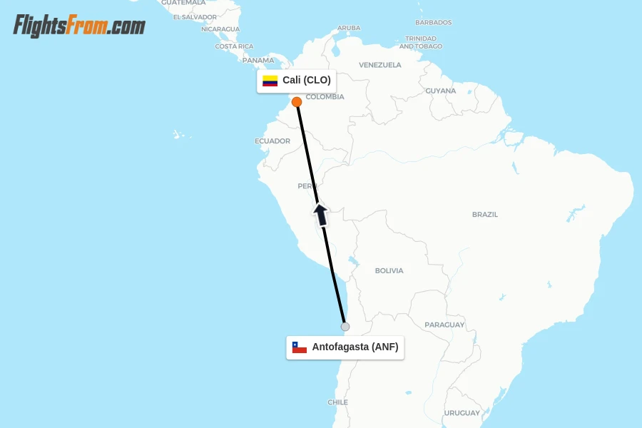 Flights from Antofagasta to Cali route map