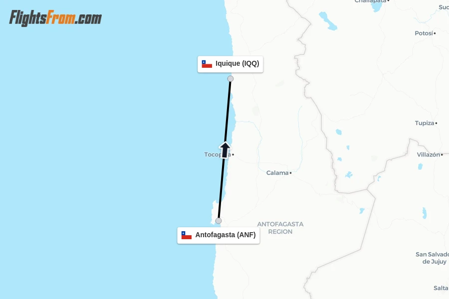 Flights from Antofagasta to Iquique route map