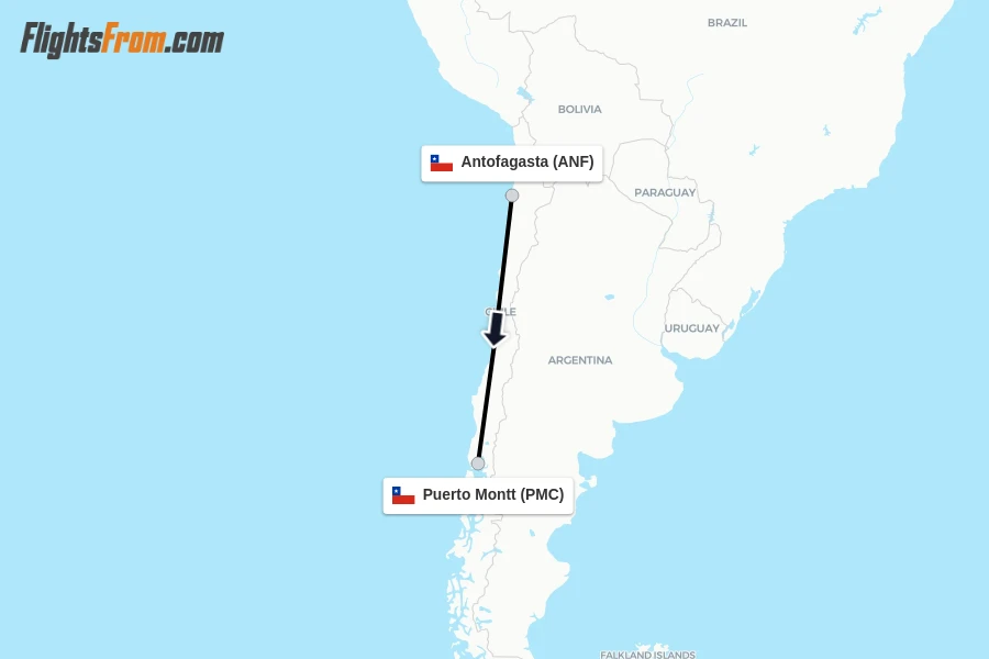 Flights from Antofagasta to Puerto Montt route map