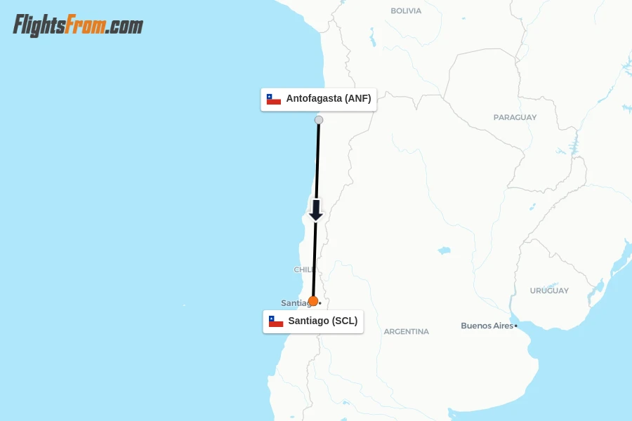 Flights from Antofagasta to Santiago route map