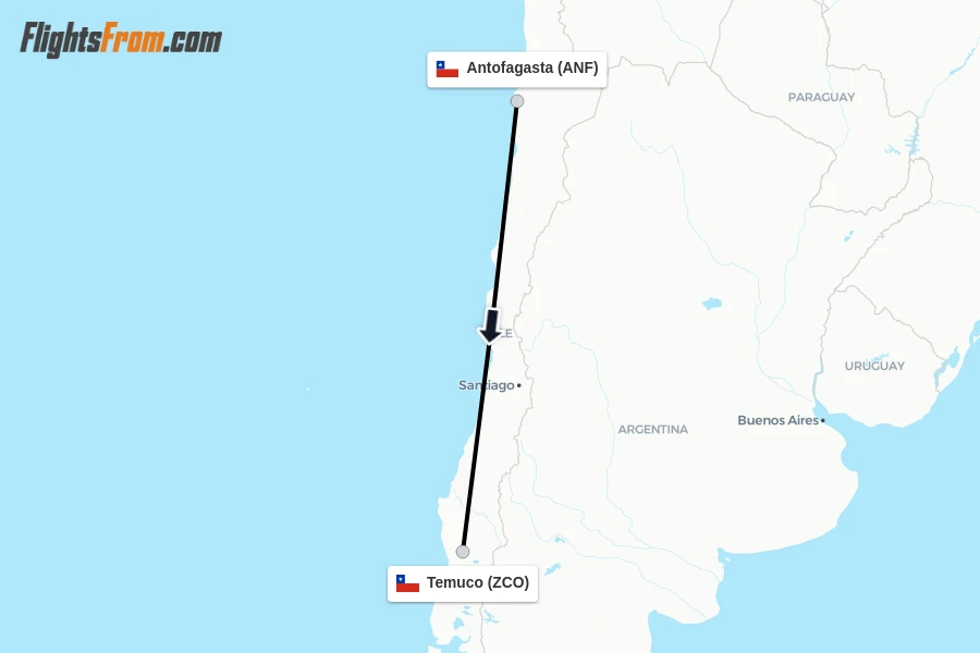 Flights from Antofagasta to Temuco route map
