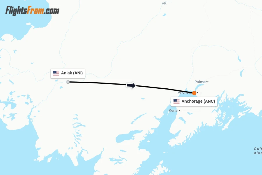 Flights from Aniak to Anchorage route map
