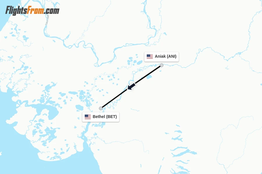 Flights from Aniak to Bethel route map