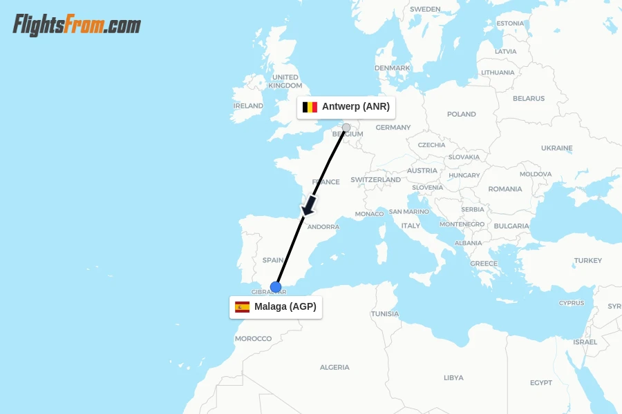 Flights from Antwerp to Malaga route map
