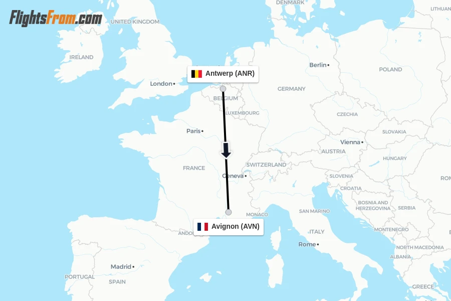 Flights from Antwerp to Avignon route map