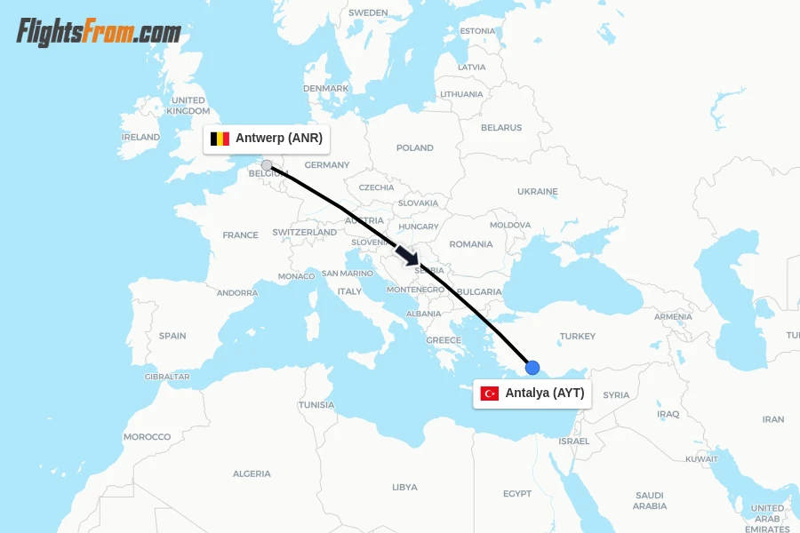 Flights from Antwerp to Antalya route map
