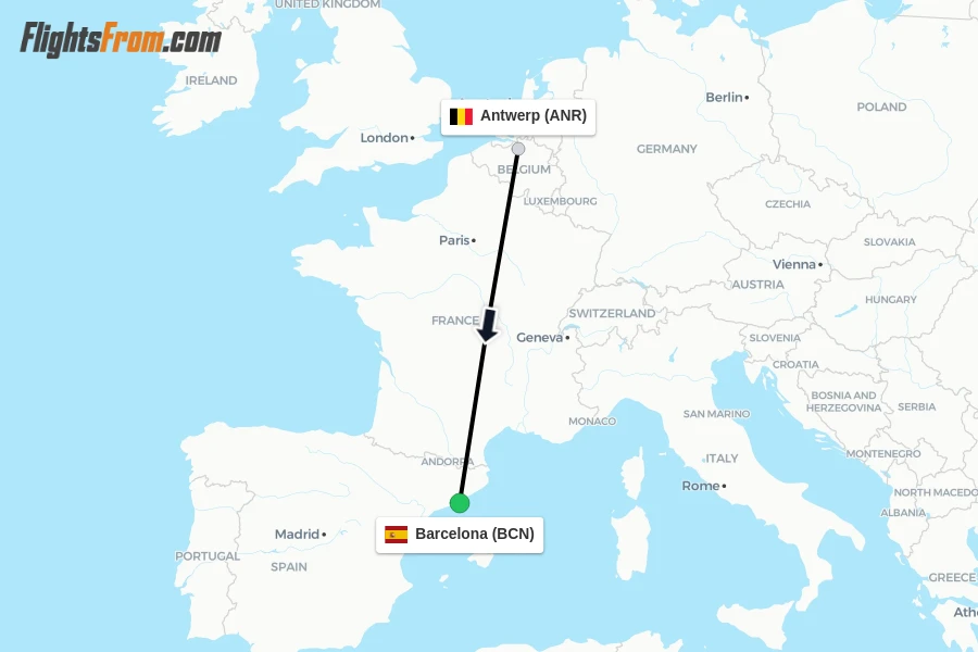 Flights from Antwerp to Barcelona route map