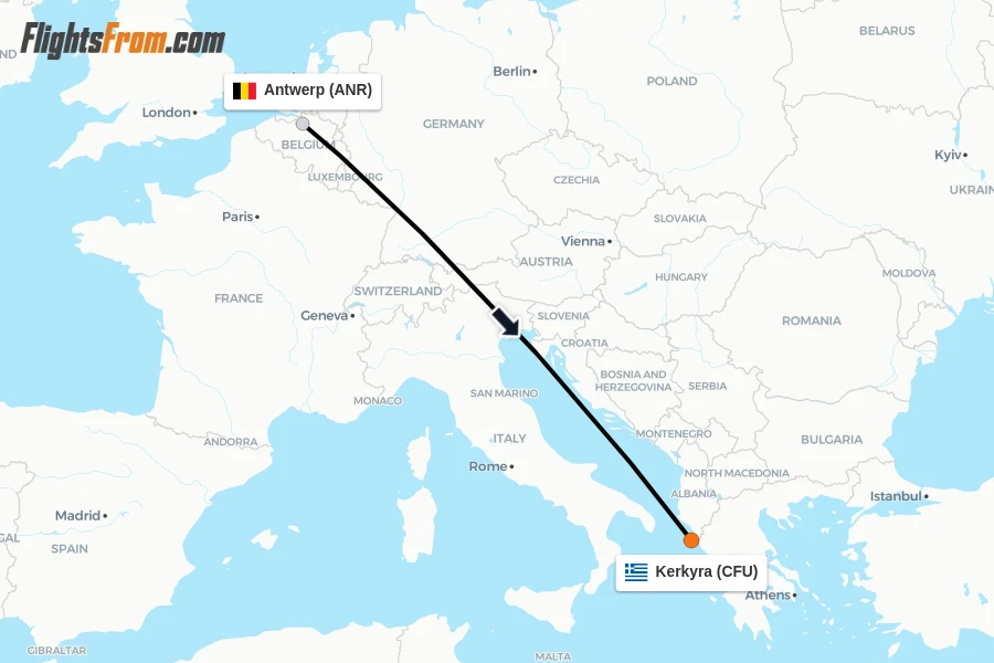 Flights from Antwerp to Kerkyra route map